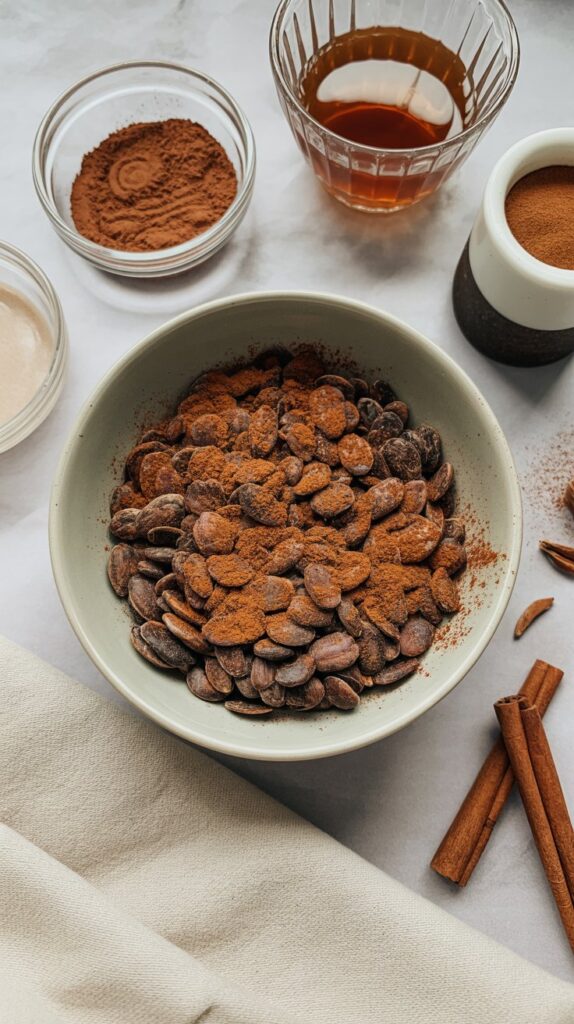 Rich, dark brown pumpkin seeds coated in cocoa and cinnamon, served in a modern neutral bowl with cozy fall ingredients in glass containers.