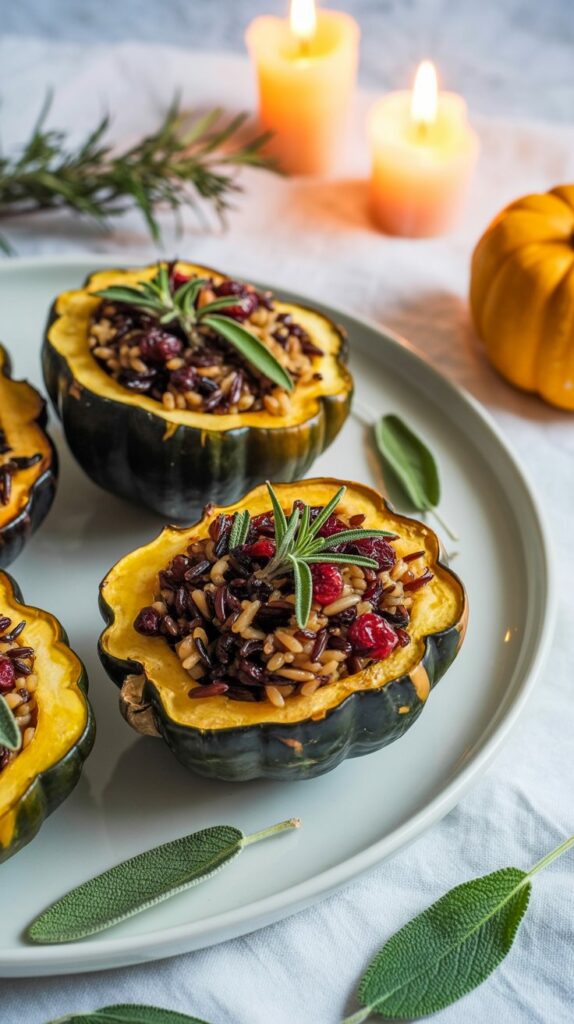Roasted acorn squash halves stuffed with wild rice, cranberries, and pecans