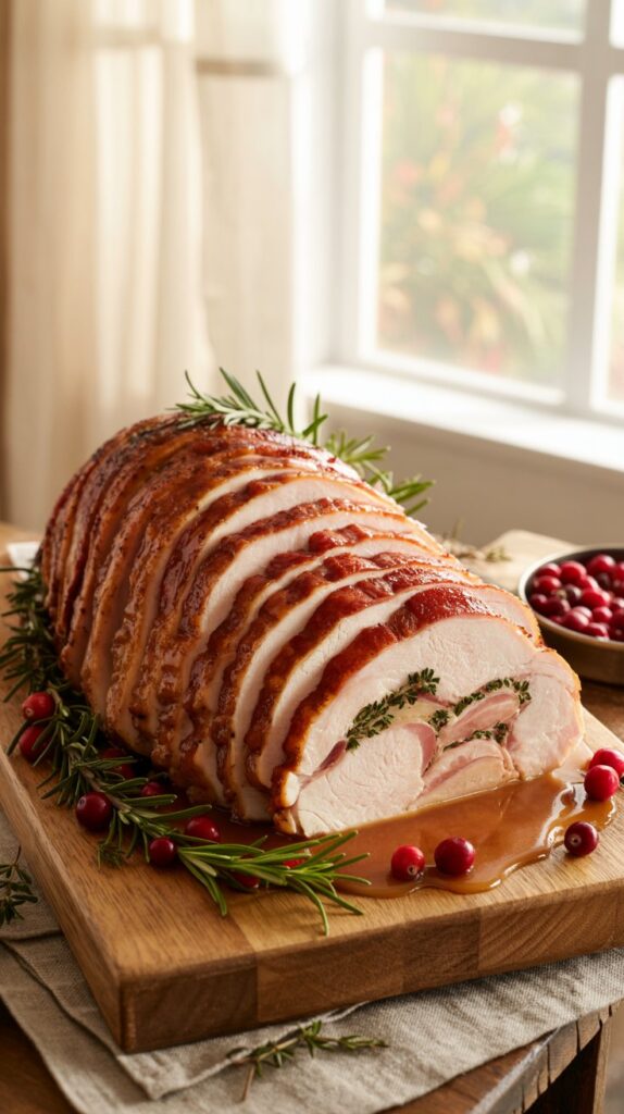 Turkey breast wrapped in maple-glazed bacon, roasted and sliced for Thanksgiving dinner.