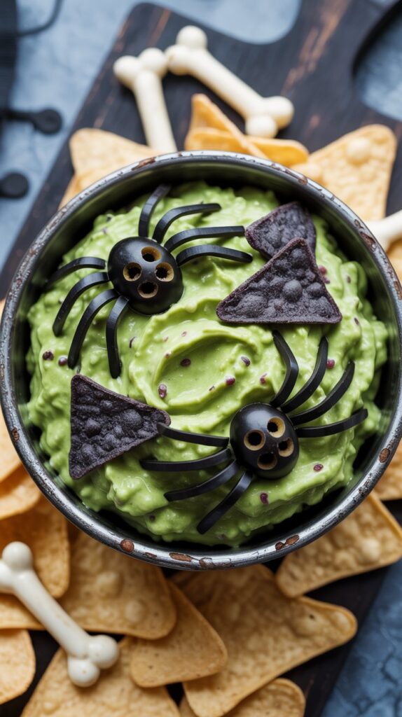 Chunky green guacamole topped with crushed blue corn chips and black olive spiders, served in a rustic bowl with bone-shaped tortilla chips around the edge.