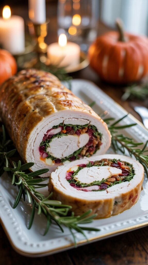 Sliced turkey roulade filled with cranberry-sage stuffing on a Thanksgiving platter.