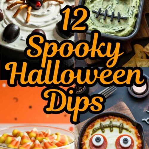 a collage of 4 different Halloween dip recipes and text "12 Spooky. Halloween Dips. Easy, creative, no dry ice required."