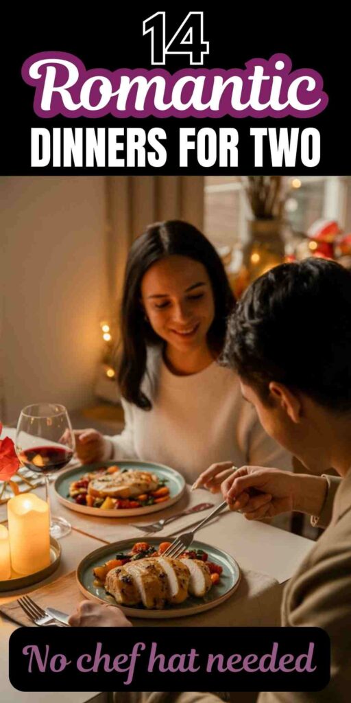 A young couple having a romantic dinner with lit candles and moody room with text "14 Romantic Dinners for Two. No Chef Hat Needed."