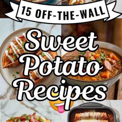 A collage of 6 different unique sweet potato recipes and text "15 off the wall sweet potato recipes"