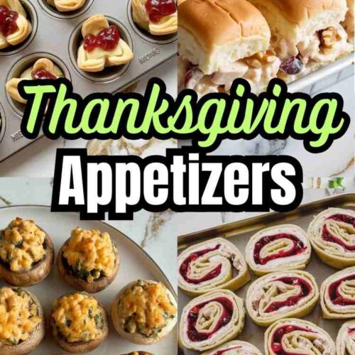 Images of 4 different thanksgiving appetizer finger foods and text "Thanksgiving Appetizers"