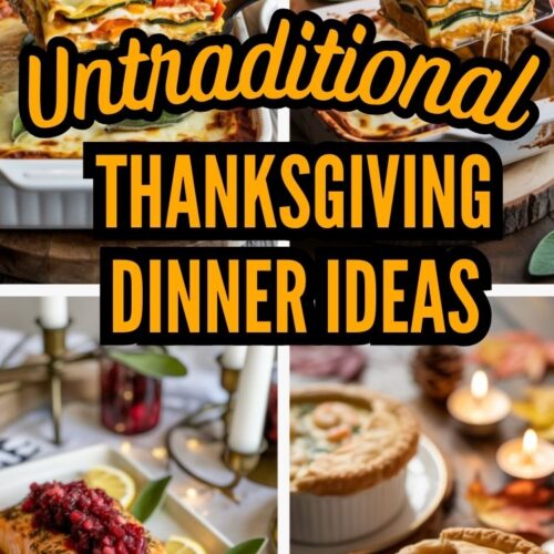 a collage of 4 different untraditional thanksgiving dinner ideas with text "11 Untraditional Thanksgiving Dinner IDeas.