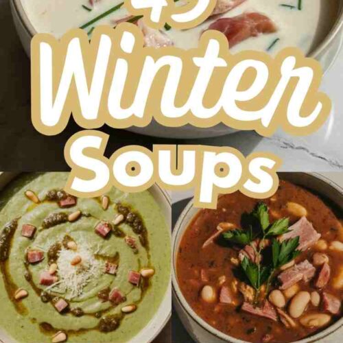 a collage of 5 different winter soup recipes and text "45 Winter Soups"