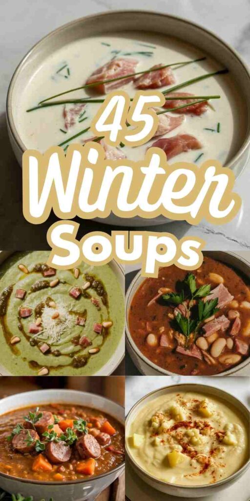 a collage of 5 different winter soup recipes and text "45 Winter Soups"