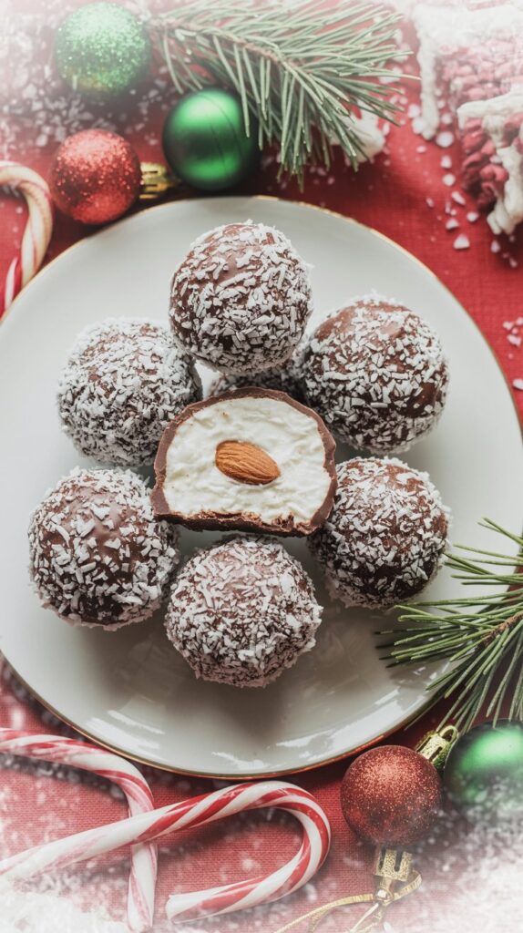 Snowball cookies coated in coconut with a chocolate-dipped base and a hidden almond inside, styled for Christmas.