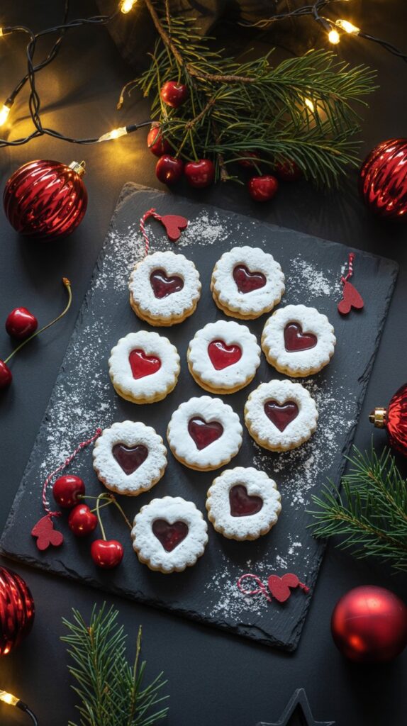 Dark chocolate Linzer cookies with cherry jam centers, dusted with powdered sugar on a moody Christmas background.