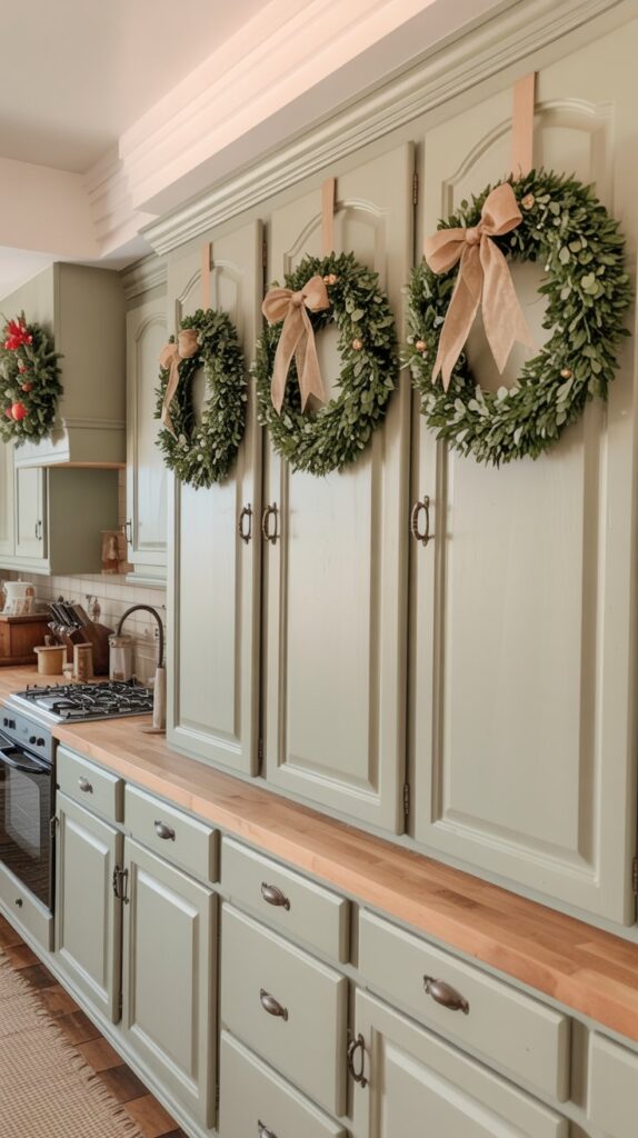 A farmhouse-style kitchen with soft sage green cabinets, Each upper cabinet door features a Christmas wreath with boxwood and a burlap ribbon bow. 