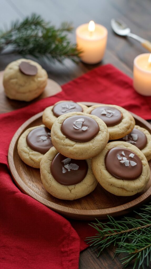 Chewy golden cookies with melty chocolate puddles and sea salt flakes, styled on a cozy holiday baking board.