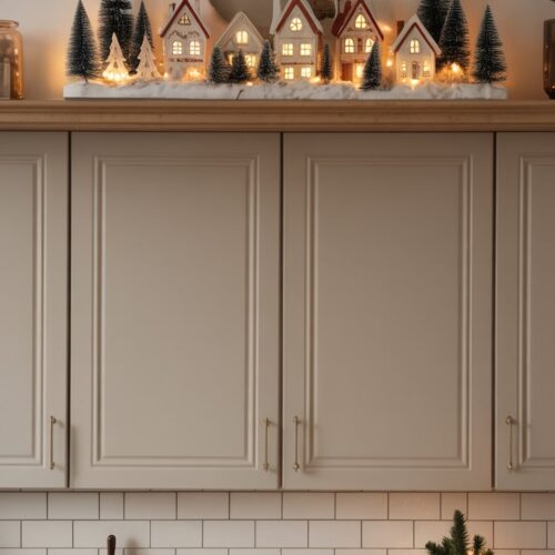 Lit up Christmas village on top of kitchen cabinets