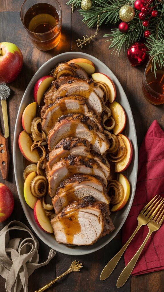Large platter of cider-braised pork shoulder, tender slices arranged with caramelized onions and roasted apple wedges, drizzled with cider glaze, styled on a rustic Christmas table with festive holiday accents.