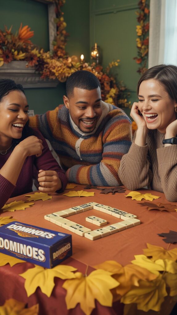 Friends playing dominoes at a table decorated with pumpkins and candles during a fall celebration.
