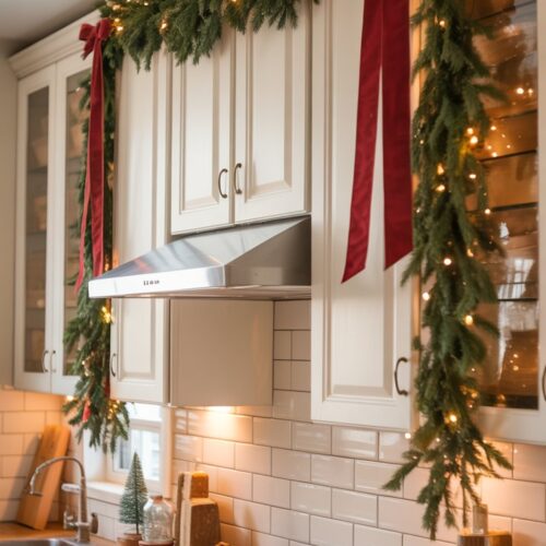 farmhouse style kitchen with christmas greenery garland draped across top of cabinets with red bows and white lights