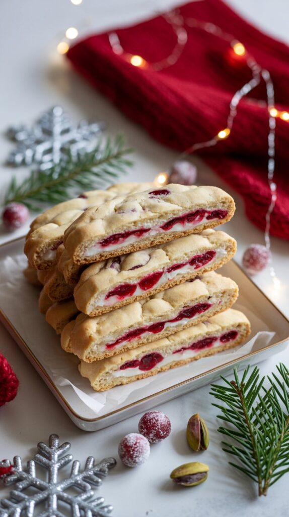 Biscotti halves sandwiched with cranberry cream, stacked on a holiday table with pistachios and dried fruit.