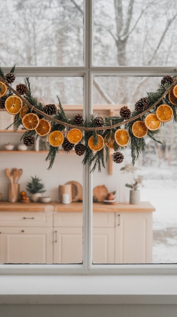 Christmas ornaments in red and gold hanging at different heights across a kitchen window.