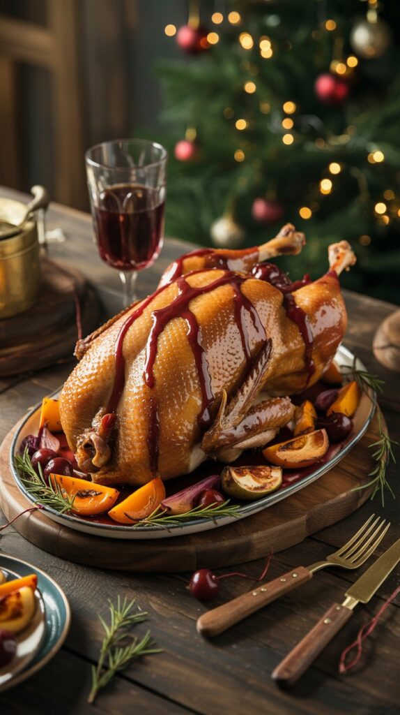 Whole roasted duck with crispy golden skin, drizzled with glossy cherry-port sauce, surrounded by roasted root vegetables, styled on a rustic wooden table set for Christmas with festive colors and lights.