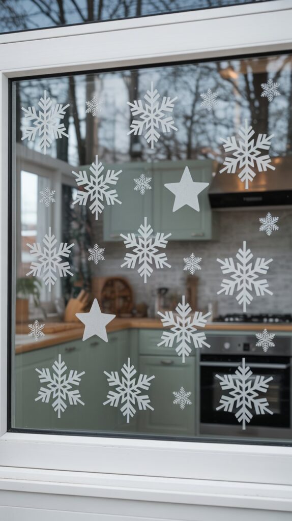 Christmas ornaments in red and gold hanging at different heights across a kitchen window.