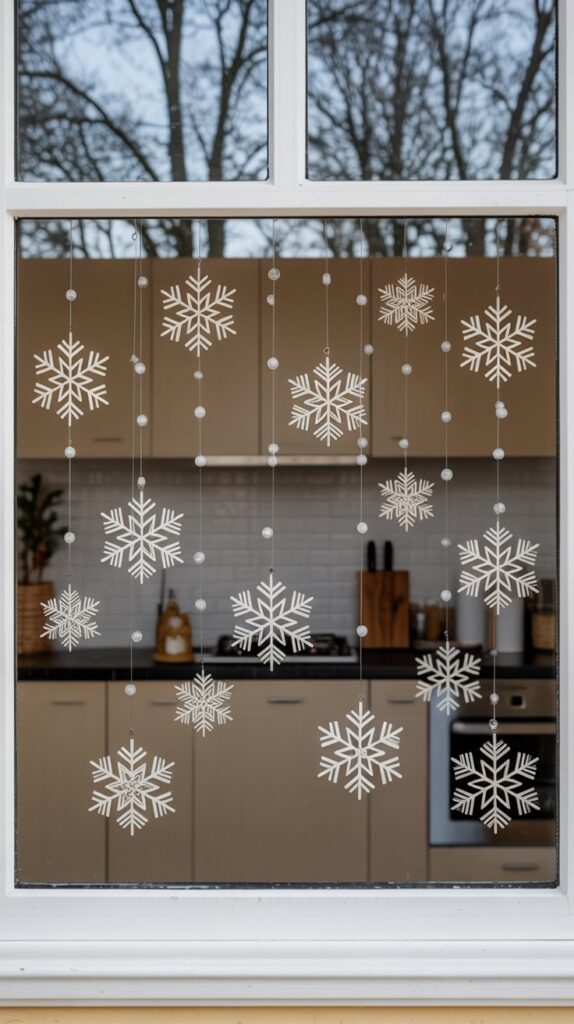 Store-bought white snowflake ornaments hanging from clear threads in front of a kitchen window.