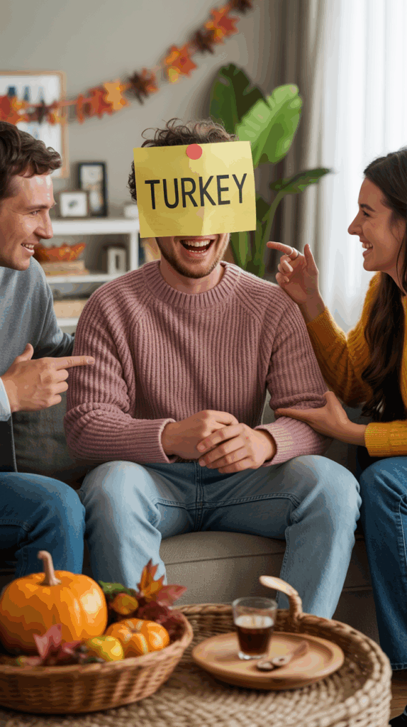 Person laughing with a sticky note on their forehead labeled “Turkey” while friends give clues around a festive fall table.