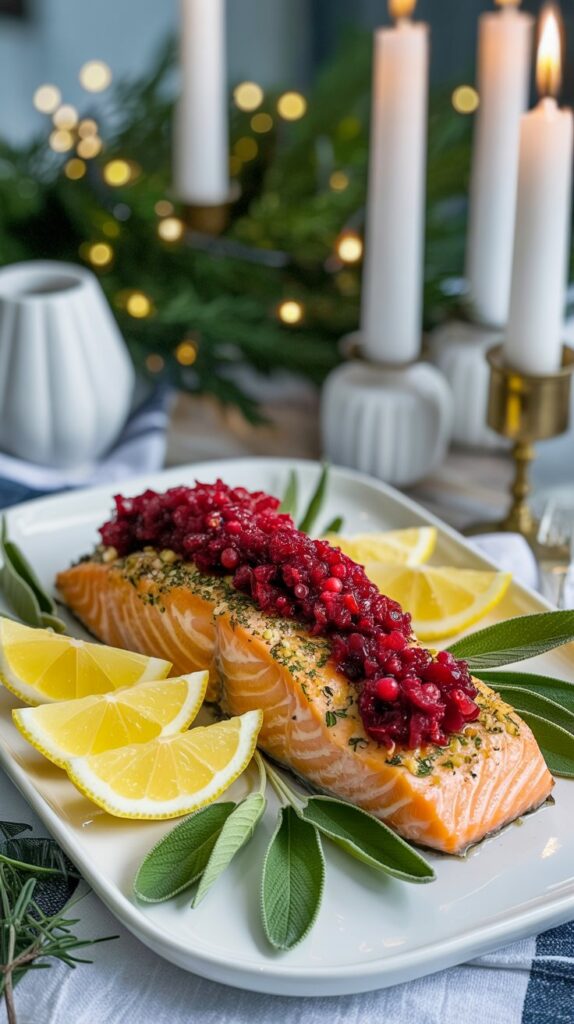 Perfectly roasted salmon fillet with a golden, crisp herb crust, topped with a bright cranberry relish. Served on a white platter with lemon wedges and fresh sage leaves that look crisp and vibrant, styled on a cozy Christmas table
