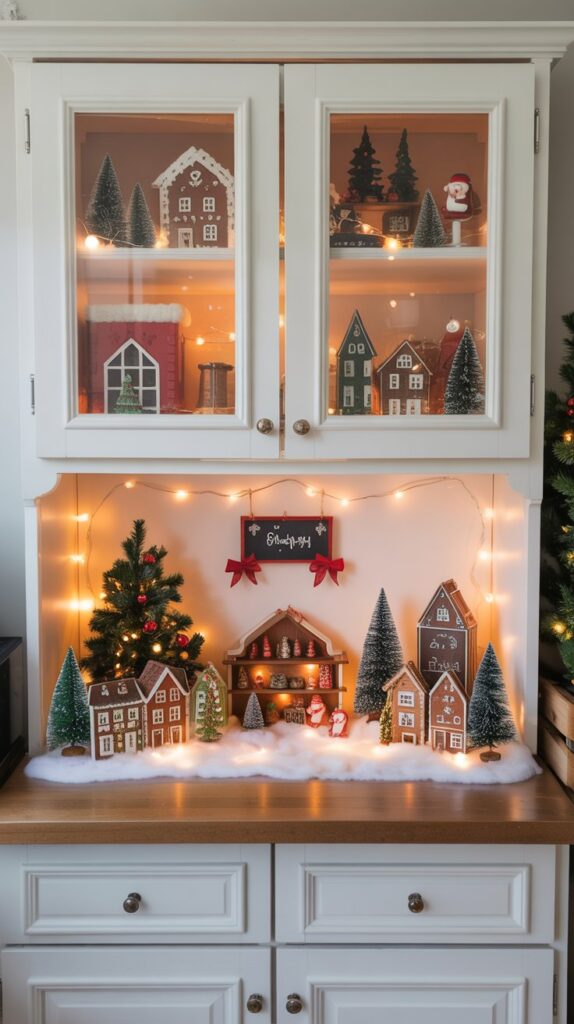 Kitchen cabinet hutch with glass doors showing a colorful Christmas village through the glass and on the shelf below