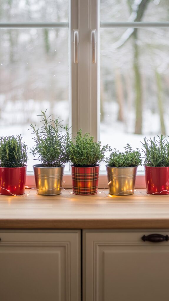 Small potted herbs in red and gold containers on a kitchen windowsill with mini ornaments.