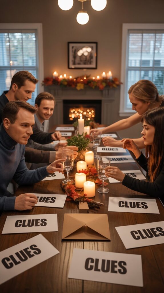 Adults gathered around a dining table with clue cards labeled “Clues,” solving a Thanksgiving murder mystery game together.