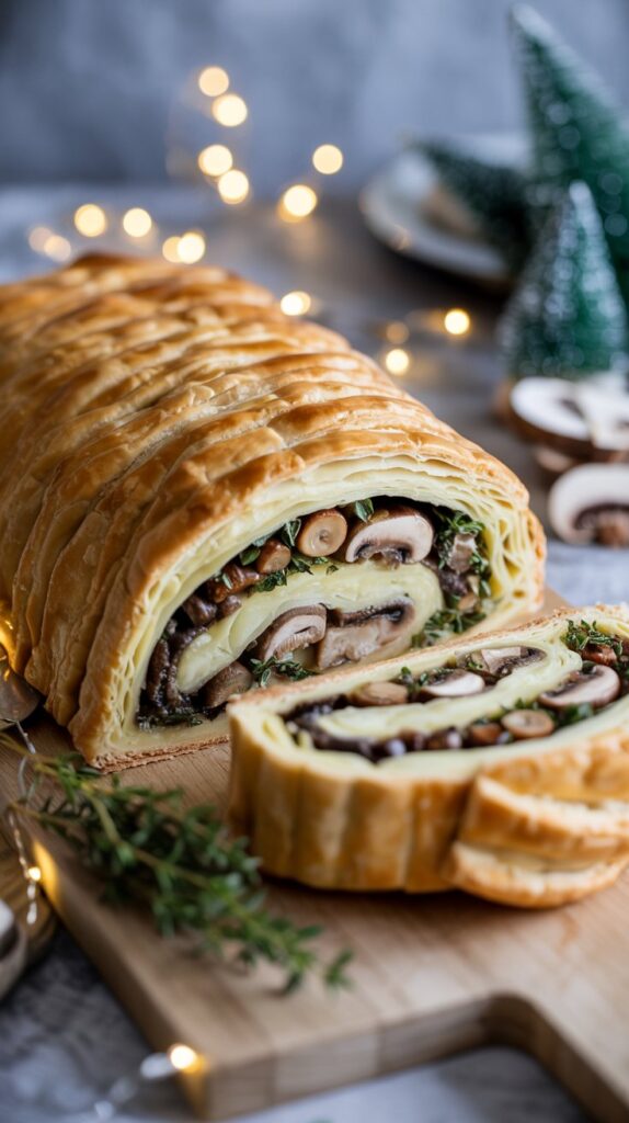 Golden puff pastry wellington sliced to reveal mushroom and chestnut filling, flaky layers visible, served on a cutting board with fresh thyme sprigs, styled with cozy Christmas table decor. and sparkly lights