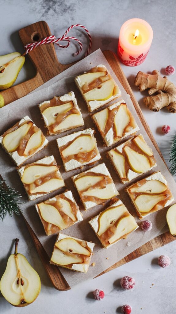 Shortbread bars layered with pear compote and ginger crumble, sliced into neat squares with festive toppings.