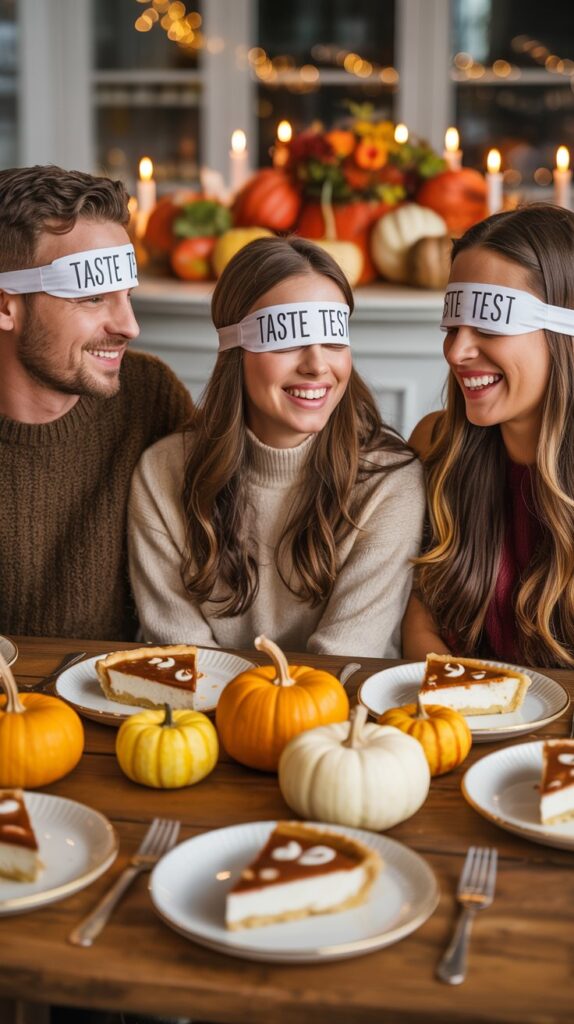 Friends at a cozy fall table with slices of pie, laughing and blindfolded while playing a pie tasting challenge game.