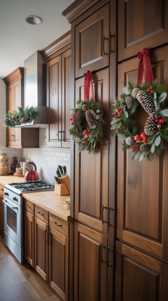 a cozy kitchen with dark stained wood and Christmas wreaths with snowy pinecones, red berries, holly leaves, and tiny red mushrooms hung with red plaid ribbon on the cabinet doors.