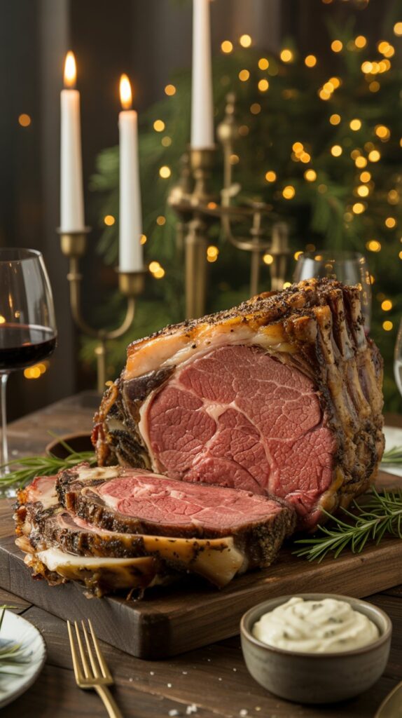 Perfectly roasted prime rib with a golden crust, sliced thick to show medium-rare center, served with a small bowl of horseradish cream and garnished with rosemary, styled on an elegant christmas table with candles and seasonal decor.