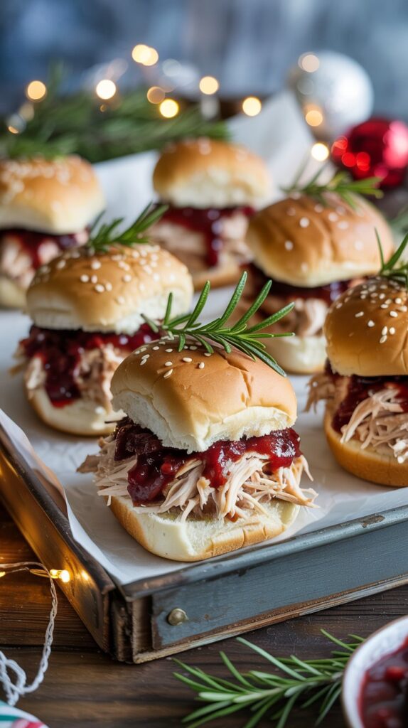 Mini pulled turkey sliders topped with cranberry BBQ sauce, served on soft golden buns with sesame seeds, garnished with rosemary sprigs, styled on a rustic tray with christmas table decor like sparkly lights and ornamets.