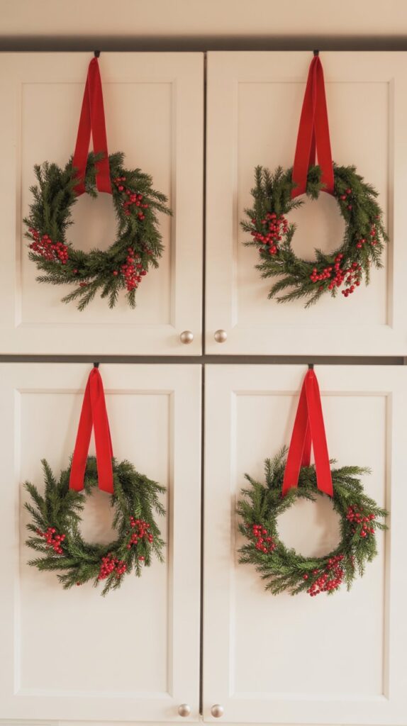 A white kitchen with simple shaker-style upper cabinets. Each cabinet door has a small green Christmas wreath with vibrant red berries, arranged in a perfectly round shape. The wreaths are hung with wide red velvet ribbon tied in large bows. 