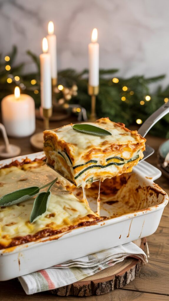 Homemade roasted vegetable lasagna baked in a white 9x13 casserole dish, golden melted cheese on top, edges slightly browned and bubbling. A slice lifted out with a spatula to reveal colorful layers of roasted squash, zucchini, and ricotta with sage. Styled casually on a wooden christmas table with candles, lights, and warm christmas decor, cozy and inviting, not overly perfect.