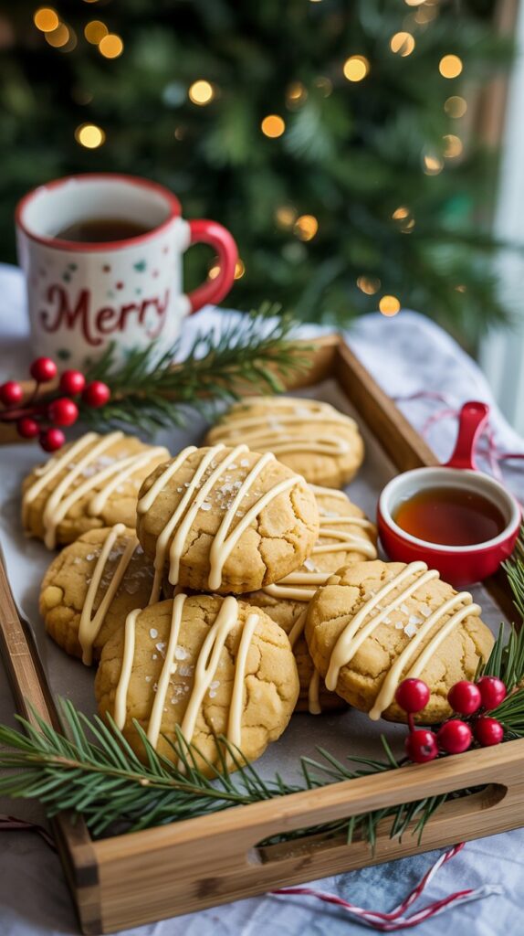 Rustic golden cookies drizzled with maple glaze and sprinkled with flaky sea salt on a wooden holiday tray.