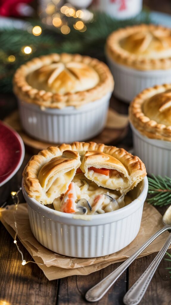 Individual seafood pot pies with golden puff pastry tops, one broken open to reveal creamy filling, served in white ramekins on a rustic christmas table with sparkling lights and christmas decor