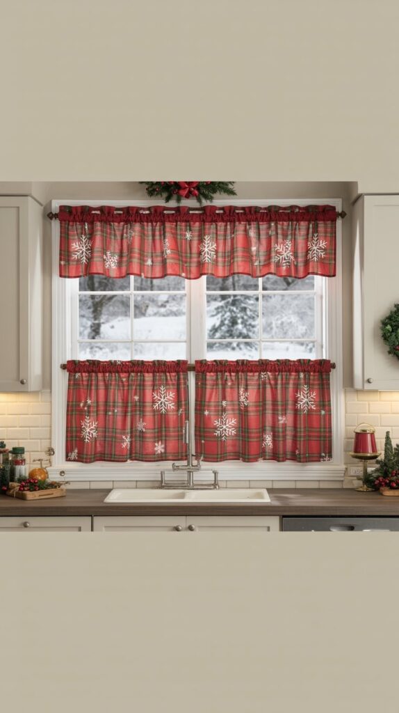 Kitchen window with a red plaid holiday valance and a snowy outdoor view.