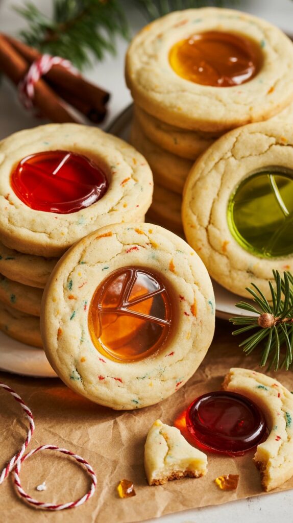 Holiday cookies with cutout centers filled with melted red, green, and orange candy to look like stained glass.