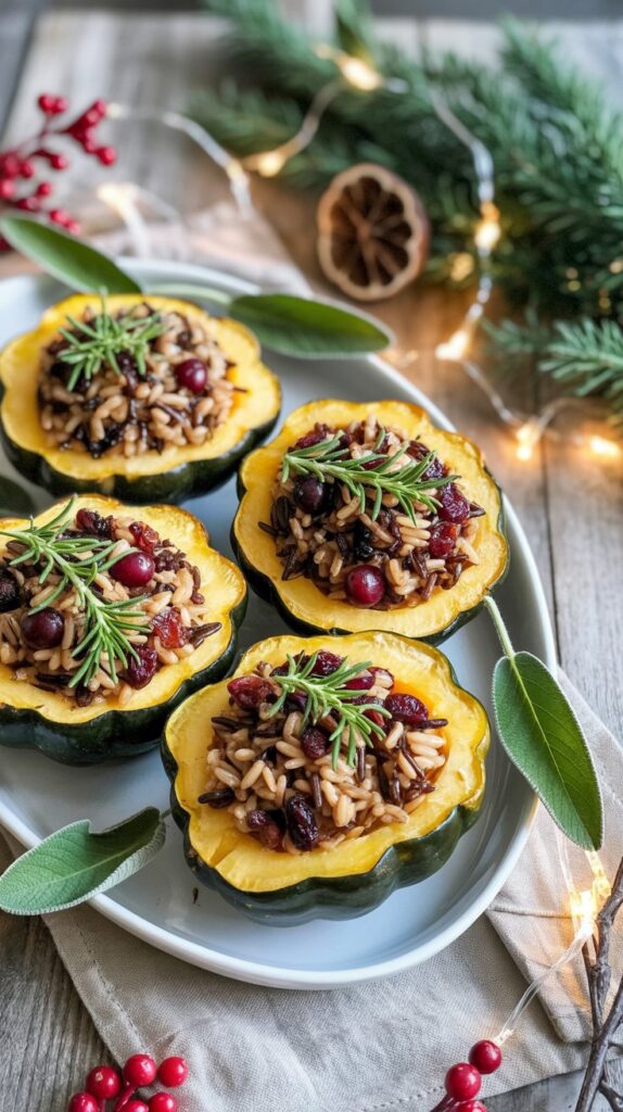 Halved roasted acorn squash stuffed with colorful wild rice, cranberries, and herbs, arranged on a white platter with sage leaves, styled as a Christmas table centerpiece with sparkling lights and Christmas decor