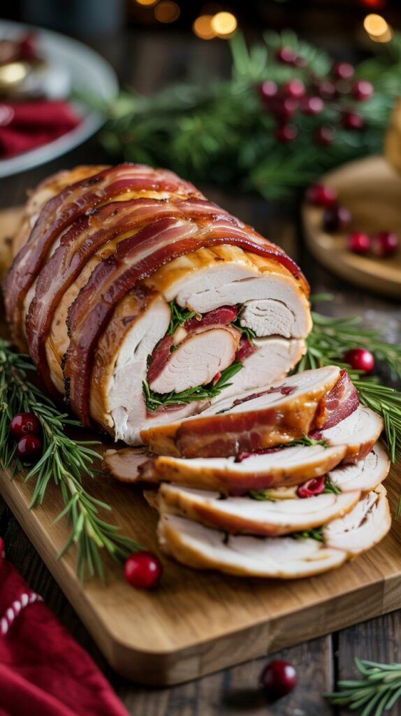 Juicy stuffed turkey breast wrapped in crispy maple-glazed bacon, sliced and fanned on a wooden cutting board, surrounded by fresh herbs and cranberries, styled on a cozy Christmas table with Christmas colors.