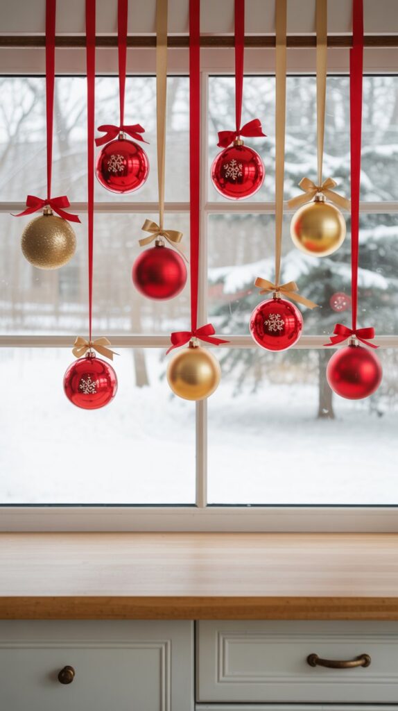 Christmas ornaments in red and gold hanging at different heights across a kitchen window.