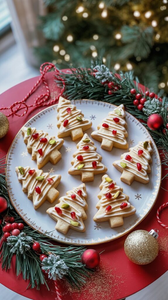 Tree-shaped sugar cookies with tahini glaze, pomegranate seeds, and crushed pistachios on a white holiday plate.