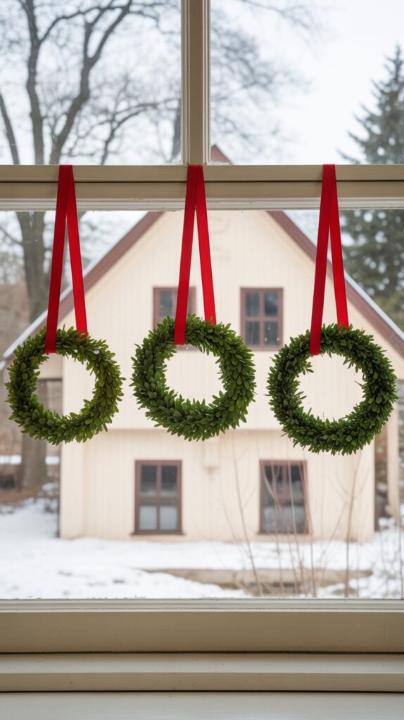 Kitchen window with three small green wreaths hanging in a row on red satin ribbon.
