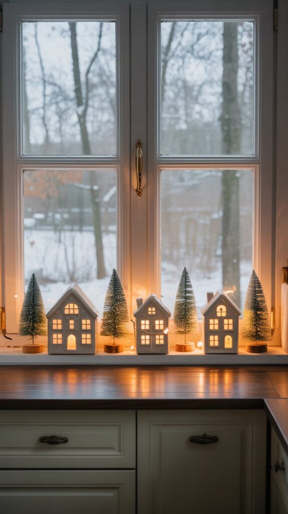 Miniature ceramic Christmas village with trees and glowing houses on a kitchen windowsill.