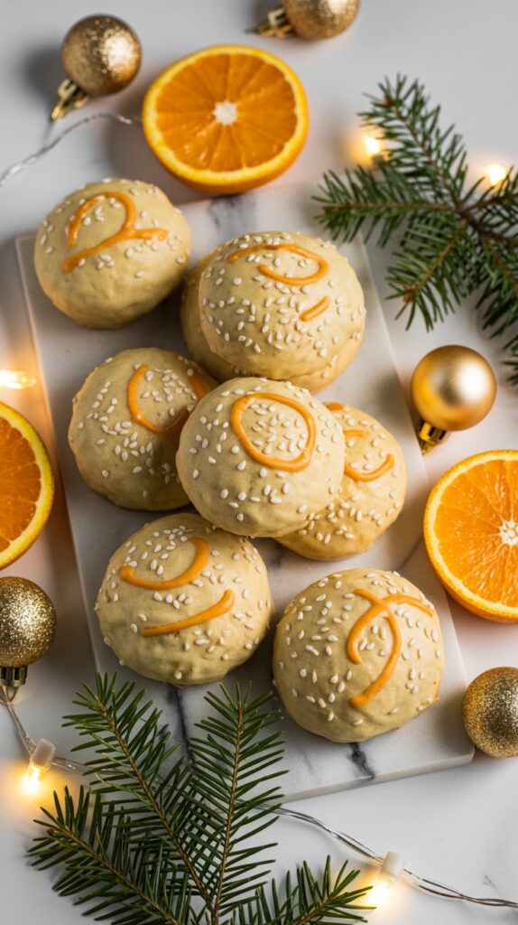 Golden cookies topped with sesame seeds and orange glaze, styled with citrus slices and festive greenery.