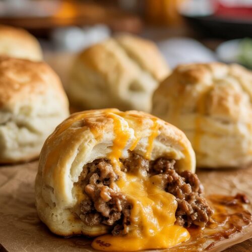 Golden brown biscuit bombs filled with seasoned ground beef and melted cheddar cheese. One biscuit is broken open on a wooden surface to reveal the juicy cheeseburger filling.